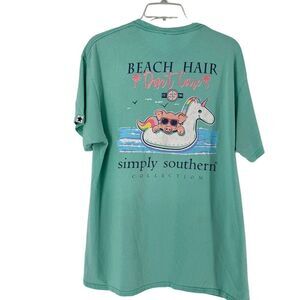 Simply Southern Pig T-Shirt Beach Hair Teal Womens Size L Short Sleeve Preppy